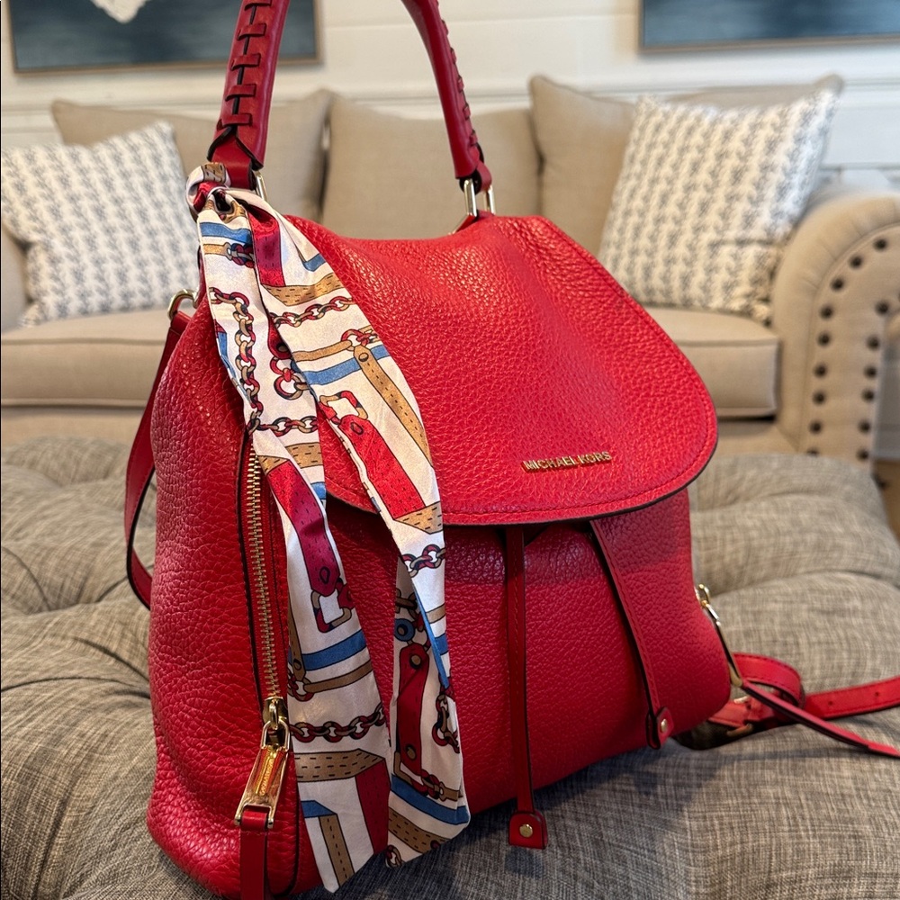Michael Kors Viv Red Leather Convertible Backpack Crossbody - Picture 3 of 17